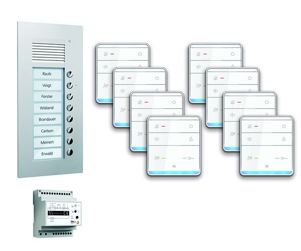 TCS Türkontrollsystem audio:pack UP für 8 Wohneinheiten, mit Außenstation PUK 8 Klingeltasten, 8x Freisprecher ISW5010, Steuergerät BVS20, PPUF08-EN/01