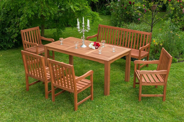 Merxx Santos Set 6-teilig, 4 Santos Sessel, 1 Santos Bank, 3-sitzig, 1 Tisch, 170 x 90 cm, starke Beine, FSC Eukalyptusholz, 50064-011