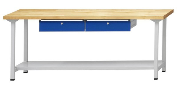 ANKE Werkbänke Arbeitstisch; 2000x700x890 mm; RAL 7035/5010; Buche-Massiv-Platte 40 mm; 2xHängeschublade; 1xAblageboden aus Stahlblech 500 mm tief, 400.381