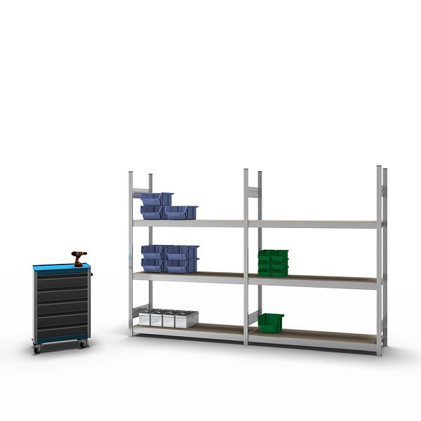 hofe Großfach-Grundregal, 2000x400x1500 mm, 3 Fachebenen, Spanplatte verzinkt, 350 kg Fachlast, 1200 kg Feldlast, zweiseitige Bedienung, GZG20415S