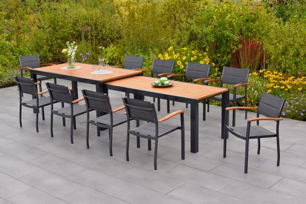Merxx Paxos Set 11-teilig, 10 Stapelsessel, 1 Flex Ausziehtisch 180 (300) x 100 cm, Aluminium mit FSC Akazienholz, 50642-307