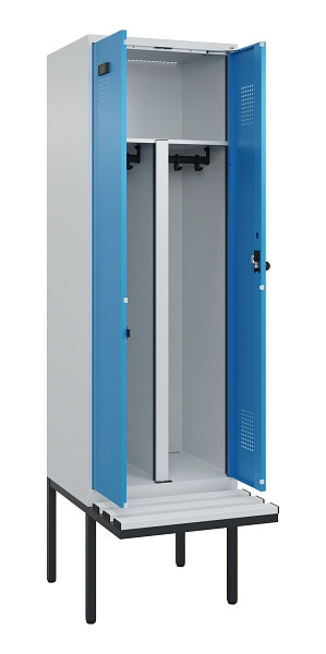 C+P PSA Doppel-Spind Evolo PLUS, Bank, 2 Abteile, 2120x600x815mm, 7035/5012, Drehriegel, Material Sitzfläche Kunststoff, 0490427-20P S10061