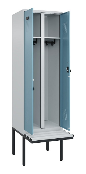 C+P Schwarz-Weiß-Spind Evolo PLUS, Bank, 2 Abteile, 2120x600x815mm, 7035/0010, Drehriegel, Material Sitzfläche Kunststoff, 0490427-20 S10063