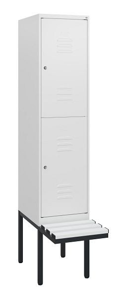 C+P Doppelstöckiger Spind Classic PLUS, 1950x400x815mm, 9016/9016, Zylinderschlösser, mit Untergestell und schwebender Sitzfläche, 0803405-12 S10089