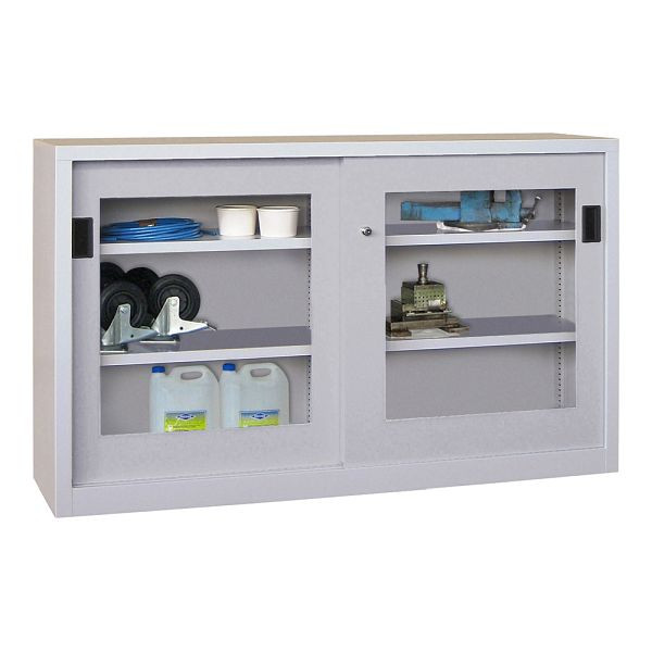 Pavoy Schwerlastschiebetürschrank 1000/1500/400, Mitteltrennwand, 4 gepulverte Fachböden; Sichtfenstertüren; Drehdruckzylinderschloss, 30330-150-491-910303