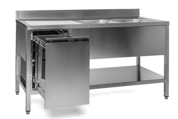 A&S Gastro Spültisch mit Abfallbehälter, 2 Becken rechts, Bautiefe 600 mm, 150x600x850 mm, SPT1562BR-A
