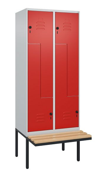 C+P Z-Spind Classic PLUS, Bank, 4 Abteile, 2120x800x815mm, 7035/3020, Drehriegel, Buche-Sitzleisten, 0800437-224 S10002