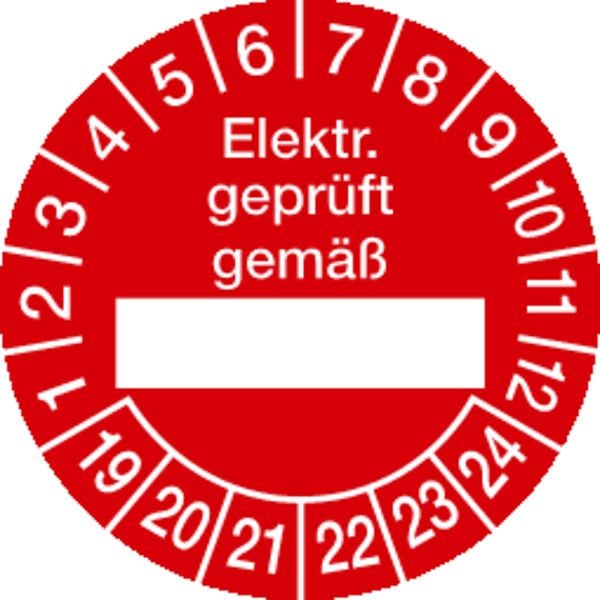 Schilder Klar Prüfetikette Elektr. geprüft gemäß ab 23 rot/weiß, 30 mm Folie selbstklebend, VE: 40 Stück, 43/63.23