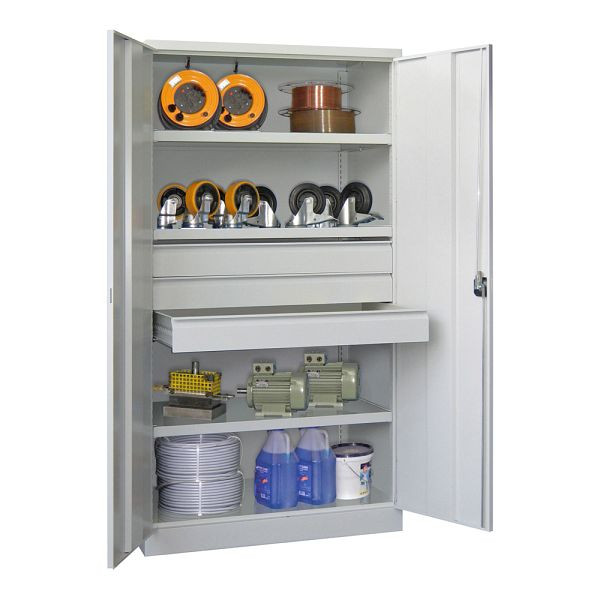 Pavoy Schwerlastschrank 1950/1040/630, 3 Fachböden, 3 Schubladen a 125 mm Höhe, Flügeltüren, Drehgriff mit Zylinderschloss, 36365-104-003-910300