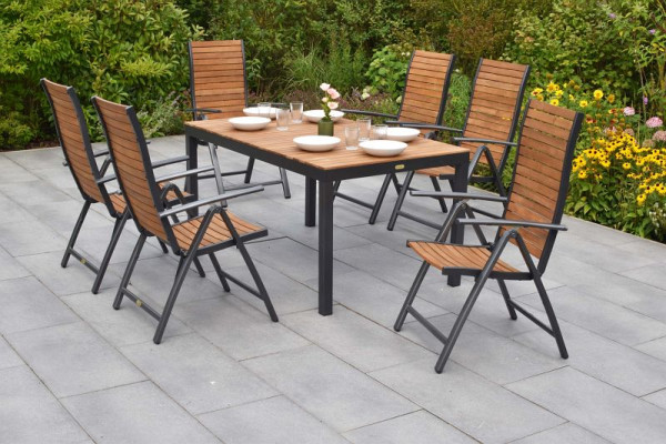 Merxx Santorin Set 7-teilig, 6 Klappsessel, Rückenlehne 5-fach verstellbar, 1 Tisch 150 x 90 cm, Aluminium mit FSC Akazienholz, 51157-217