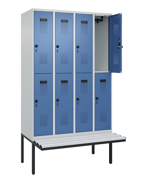 C+P Doppelstock-Spind Evolo PLUS, Bank, 8 Fächer, 2120x1200x815mm, 7035/5023, Drehriegel, Sitzfläche Kunststoff, 0493407-40 S10089