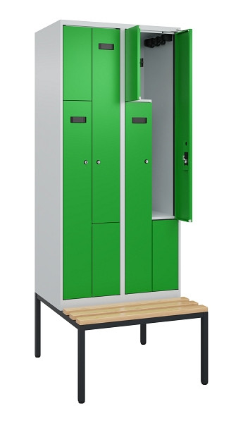 C+P Z-Spind Evolo PLUS, Bank, 4 Fächer, 2120x800x815mm, 7035/6037, Zylinderschloss, Sitzfläche Buche-Hartholz, Sitzbank, 0490537-224 S10035