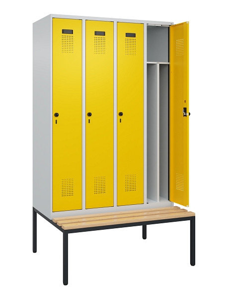 C+P Spind Evolo PLUS, 4 Abteile, 2120x1200x815mm, 7035/1023, Haken 4, Drehriegel, Sitzfläche Buche-Hartholz, Sitzbank, 0490507-40F S10001