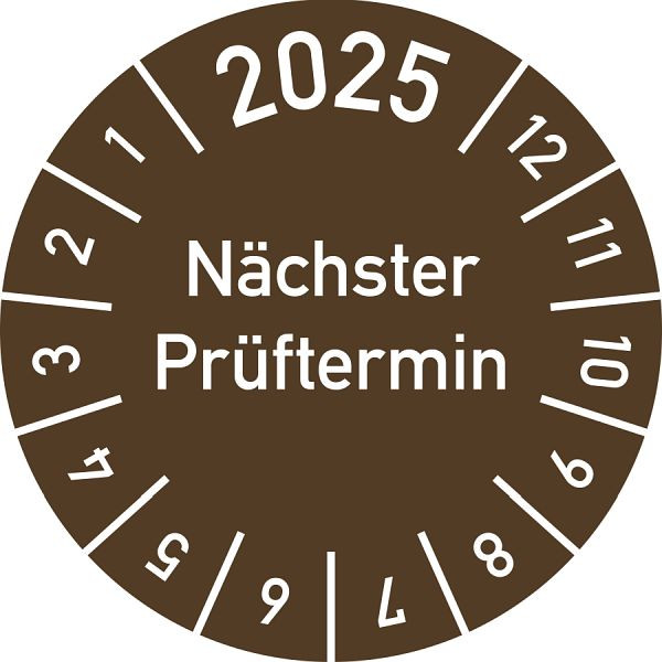 Moedel Prüfplakette 2025 Nächster Prüftermin, Folie, Ø 15 mm, VE: 10 Stück/Bogen, 104101