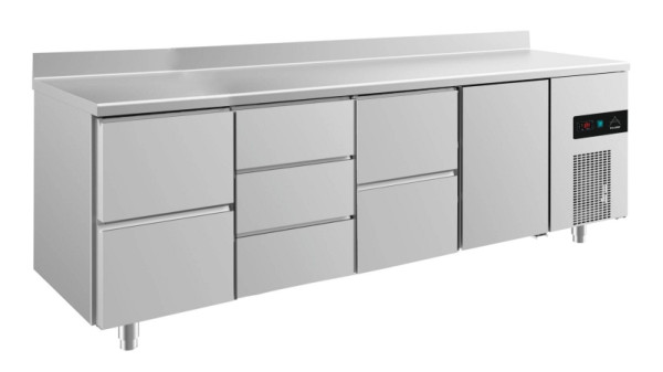 A&S Polarny Kühltisch -2 bis +8°C mit Tür rechts, 2x zwei Schubladen und drei Schubladen mittig-links, 2330 x 700 x 850 mm, mit Aufkantung, KT4ZDZTA