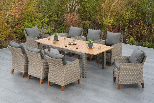 Merxx Avellino Set 9-teilig, 8 Avellino Sessel inkl. Sitzkissen, 1 Ausziehtisch 180 (240) x 100 cm, FSC Akazienholz, 50752-255
