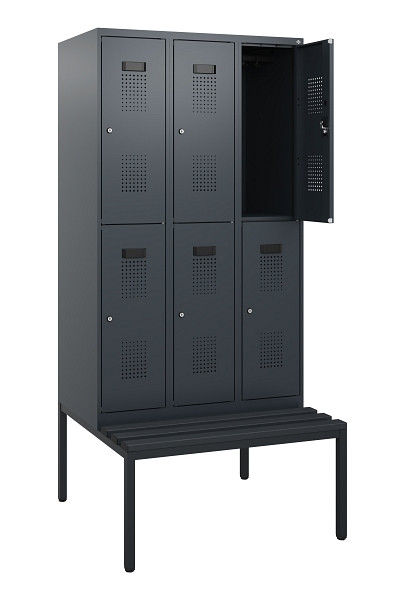 C+P Doppelstöckiger Spind Evolo PLUS, Bank, 6 Fächer, 1950x900x815mm, 7016/7016, Zylinderschloss, Sitzfläche Kunststoff, Sitzbank, 0493505-30 S10151