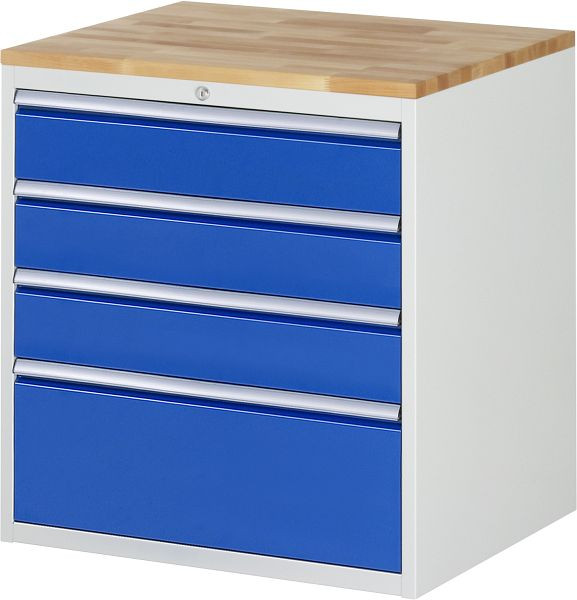 RAU Schubladenschrank Serie 7000, B770 x T650 x H825mm, Buche-Massiv-Arbeitsplatte, Schubladen: 3xH150, 1xH270 mm, 13-XL5.3A-B.11