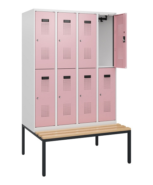 C+P Doppelstöckiger Spind Evolo PLUS, Bank, 8 Fächer, 1950x1200x815mm, 9016/3015, Zylinderschloss, Sitzfläche Buche-Hartholz, Sitzbank, 0493505-40 S10045