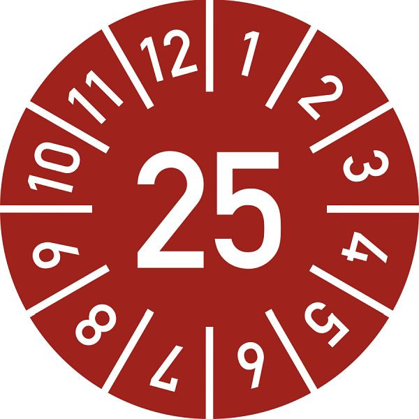Moedel Prüfplakette Jahr 25 mit Monaten, rot, Folie, Ø 10 mm, VE: 10 Stück/Bogen, 103993