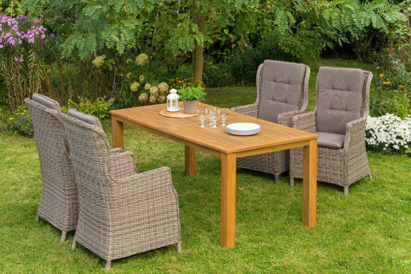 Merxx Riviera Set 9-teilig, 4 Riviera Sessel verstellbar durch Gasdruckfeder, inkl. Sitzkissen, 1 Tisch 185 x 90 cm, Akazienholz, naturgrau, 50489-253