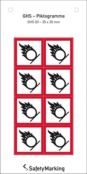 SafetyMarking GHS-Gefahrenpiktogramm, Symbol 03: Flamme über Kreis, BxH 3,5x3,5 cm, Folie, selbstklebend, VE: 8 Stück/Bogen, 30.3552-03