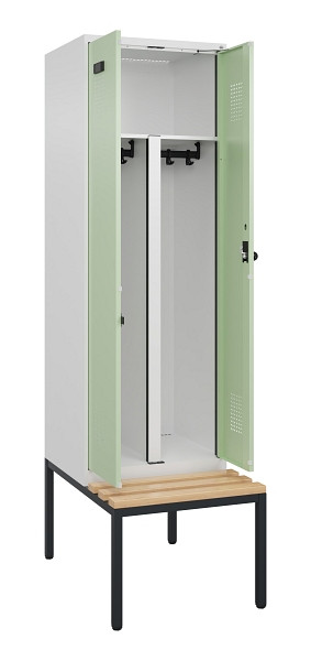 C+P PSA Doppel-Spind Evolo PLUS, Bank, 2 Abteile, 2120x600x815mm, 9016/6019, Drehriegel, Sitzfläche Buche-Hartholz, Sitzbank, 0490527-20P S10019