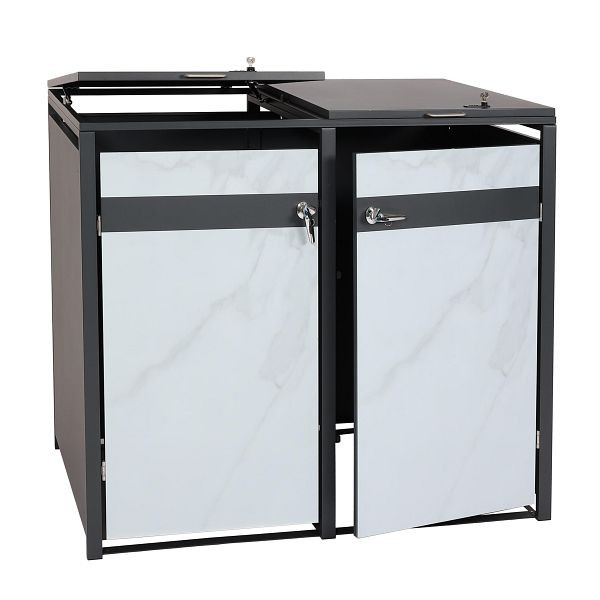 Mendler 2er Mülltonnenverkleidung HWC-J82, Mülltonnenbox, erweiterbar, Metall 50kg, anthrazit, Marmor-Optik hell, 83387+83388