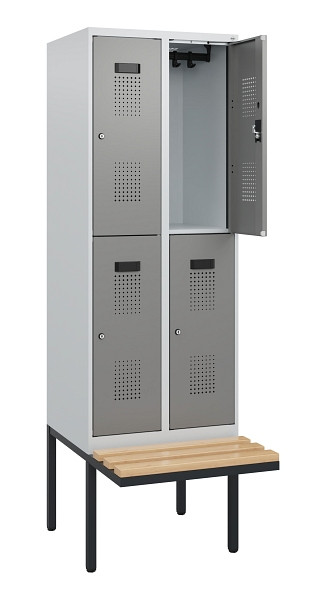 C+P Doppelstock-Spind Evolo PLUS, Bank, 4 Fächer, 1950x600x815mm, 7035/0004, Zylinderschloss, Sitzfläche Buche-Hartholz, 0493405-20 S10041