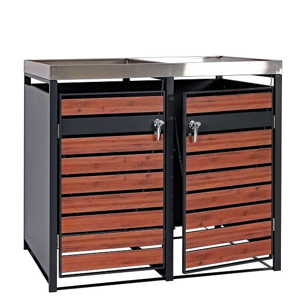 Mendler 2er Mülltonnenverkleidung mit Pflanzkasten HWC-J81, erweiterbar, 125x132x80cm Metall 47kg, anthrazit, Kirsche-Holzoptik, 101305+101306