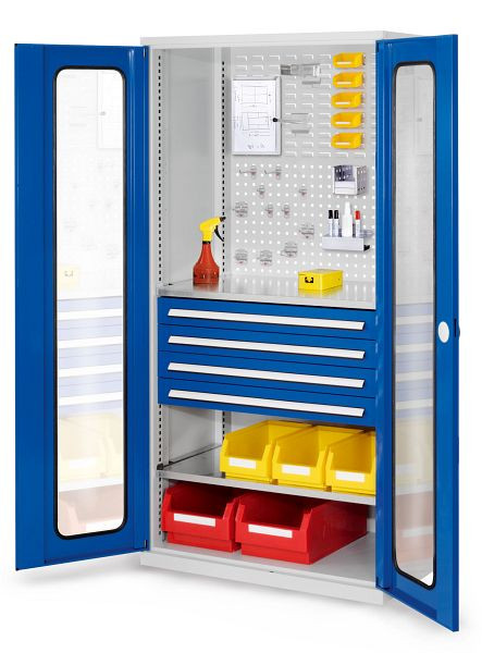 Kappes RasterPlan Schubladenschrank, Modell 33, RAL 7035/5010, Sichtfenstertür, 1950 x 1000 x 600 mm, 4 Schubladen H 100 mm, 1460.03.5016