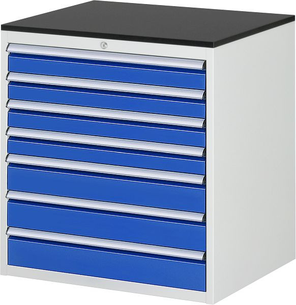 RAU Schubladenschrank Serie 7000, B770xT650xH820mm, Schubladen: 4xH90, 3xH120mm, Arbeitsplatte melaminharzbeschichtet, 03-XL5.17A-M.11