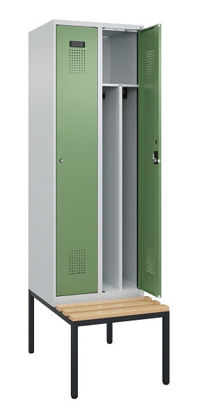 C+P Spind Evolo PLUS, 2 Abteile, 2120x600x815mm, 7035/6011, Zylinderschloss, Sitzfläche Buche-Hartholz, Sitzbank, 0490507-20F S10037