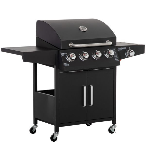 Outsunny Gasgrill mit 4 Brennern 1 Seitenbrenner je 3 kw, mit 4 Rädern Grillnetz Druckminderer Schläuche, Stahl Schwarz 132,4 x 55 x 109 cm, 846-102V91BK