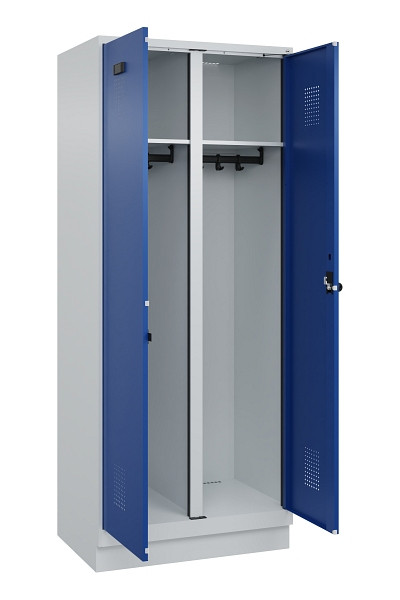 C+P Schwarz-Weiß-Spind Evolo PLUS, mit Sockel, 2 Abteile, 1950x800x500mm, 7035/5, Frontfarbe RAL 5010 Enzianblau, Drehriegel, 049022-22 S10006