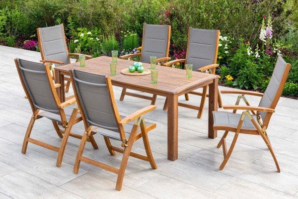 Merxx Acapulco Set 7-teilig, 6 Acapulco Klappsessel, gepadded, 1 Tisch 185 x 90 cm, FSC Akazinholz mit Textilbespannung, 50119-309