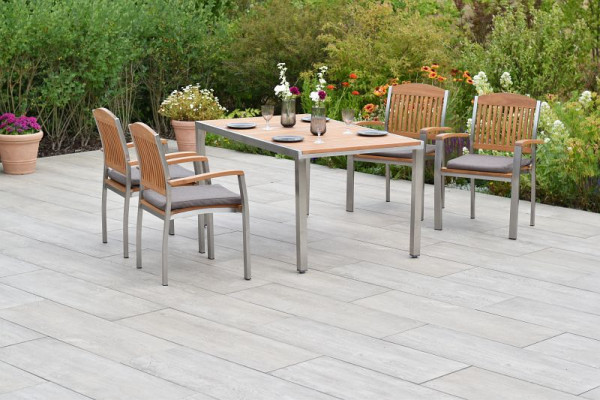 Merxx Keros Set 9-teilig, 4 Stapelsessel, 4 Auflagen, braun, 1 Tisch, 150 x 90 cm, Edelstahl mit FSC Akazienholz, 50851-602