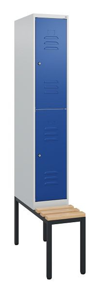 C+P Doppelstöckiger Spind Classic PLUS, 1950x300x815mm, 7035/5010, Zylinderschlösser, Sitzleisten aus Buche, mit untergebauter Sitzbank, 0803505-10 S10033