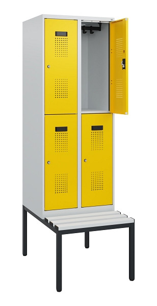C+P Doppelstöckiger Spind Evolo PLUS, Bank, 4 Fächer, 1950x600x815mm, 7035/1023, Zylinderschloss, Sitzfläche Kunststoff, Sitzbank, 0493505-20 S10136