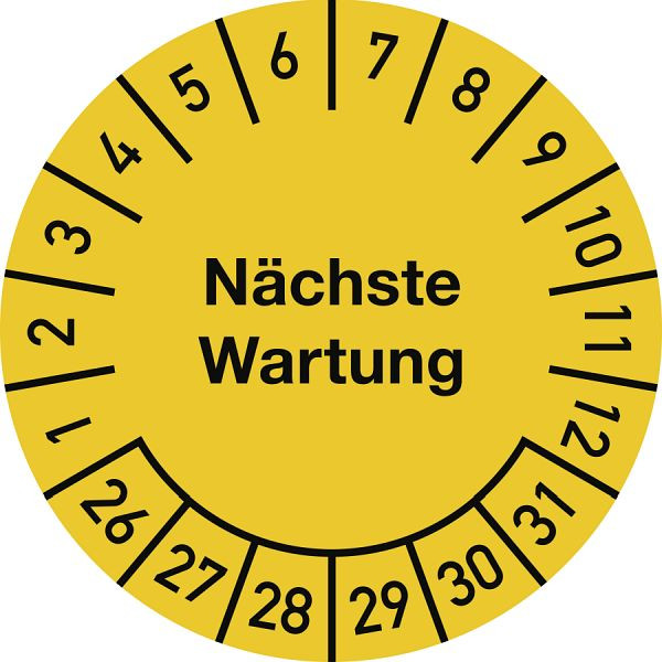 Moedel Prüfplakette Nächste Wartung 2026-2031, Dokumentenfolie, Ø 25 mm, VE: 10 Stück/Bogen, 107085