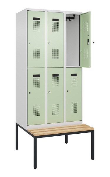 C+P Doppelstock-Spind Evolo PLUS, Bank, 6 Fächer, 2120x900x815mm, 9016/6019, Zylinderschloss, Sitzfläche Buche-Hartholz, Sitzbank, 0493507-30 S10046