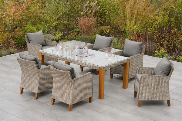 Merxx Avellino Set 7-teilig, 6 Avellino Sessel inkl. Sitz- und Rückissen, 1 Tisch 200 x 100, Aluminiumgestell mit Kunststoffgeflecht, 50749-255