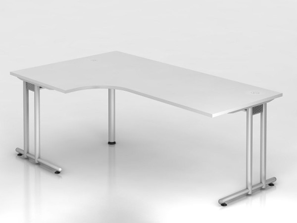 Hammerbacher Winkeltisch C-Fuß 200x120cm 90° Weiß/Silber, Winkelform 90°, horizontale Kabelwanne, Arbeitshöhe 72 cm, VNS82/W/S
