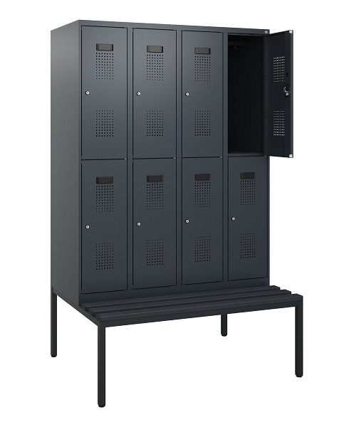 C+P Doppelstöckiger Spind Evolo PLUS, Bank, 8 Fächer, 1950x1200x815mm, 7016/7016, Zylinderschloss, Sitzfläche Kunststoff, Sitzbank, 0493505-40 S10151