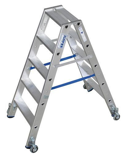 DENIOS Stufenstehleiter aus Aluminium, mit Fahrrollen, 2 x 5 Stufen, 156-901