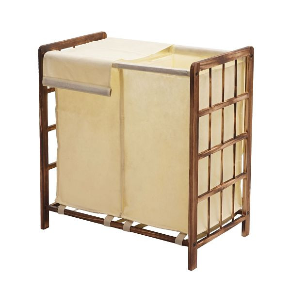 Mendler Wäschesammler HWC-B60, Laundry Wäschebox Wäschekorb, Massiv-Holz 2 Fächer 60x60x33cm 68l, braun, Bezug creme, 75533