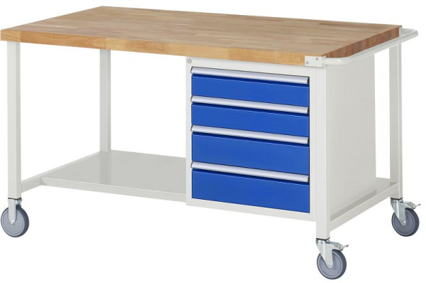 RAU Fahrbare Werkbank 8000 - Modell 8162, B1500 x T900 x H880-1080 mm, Systemunterbau B1495 x T850 mm, 4 Schubladen, 05-8162A6-159B4H.11