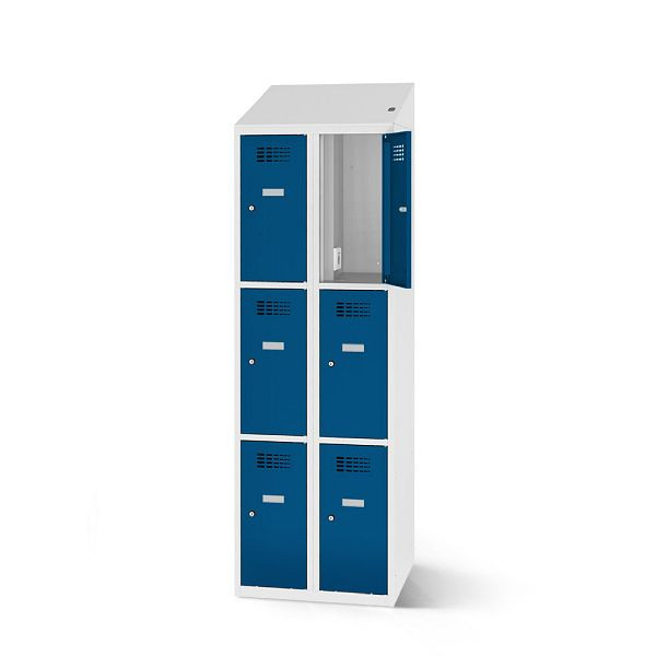 Rotstahl Fächerschrank, 6 Fächer, kurzer Sockel, mit Ladefunktion, Schrägdach, Korpus: lichtgrau, Türen: enzianblau, 2180-020300-0601112-7035-5010