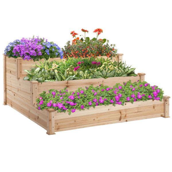 Outsunny Hochbeet 3-stufige Gartenbeet Pflanzenbeet Kräuterbeet Blumentreppe für Balkon Garten Natur Tannenholz 124 x 124 x 56 cm, 845-451