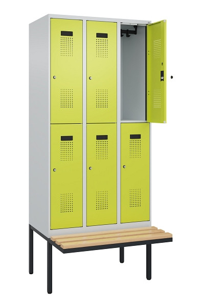 C+P Doppelstock-Spind Evolo PLUS, Bank, 6 Fächer, 2120x900x815mm, 7035/0024, Zylinderschloss, Sitzfläche Buche-Hartholz, 0493407-30 S10042